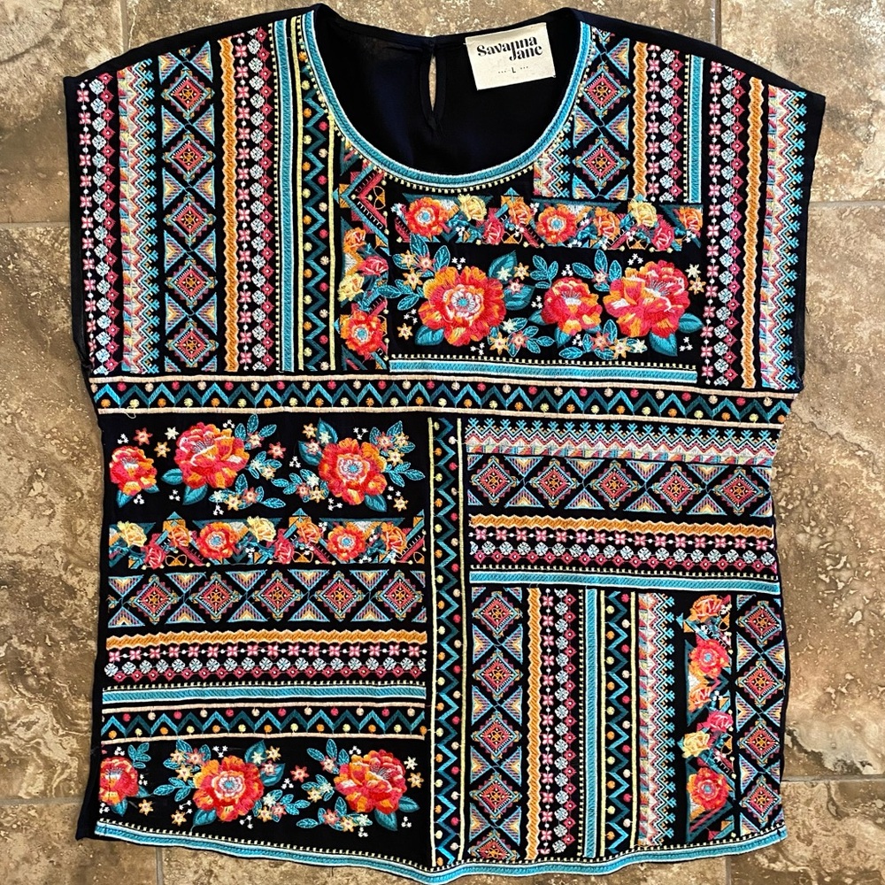 Savanna Jane Black Top with Multicolor Embroidery